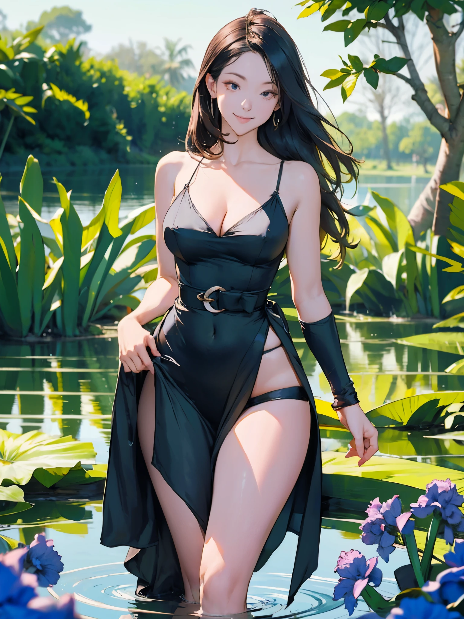 1girl, on the side of pond, standing, hand on belly, long hair, detailed eyes, looking at viewer, thighs, cleavage, sideboob, (strap gaps:1.2), (water-hyacinth:1.2), lush, morning light, natural light, tyndall effect, revealing clothing, water reflection, ripples, (blurry background:1.2), bokeh, best quality, masterpiece, beautiful, kind smile, eye contact, bliss,