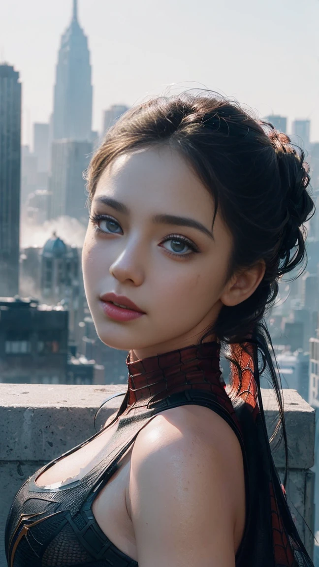 (1girl:1.3), Solo, (((Very detailed face)))), ((Very detailed eyes and face)))), (nipples), (torn costume)Beautiful detail eyes, Body parts__, Official art, Unified 8k wallpaper, Super detailed, beautiful and beautiful, beautiful, masterpiece, best quality, original, masterpiece, super fine photo, best quality, super high resolution, realistic realism, sunlight, full body portrait, amazing beauty, dynamic pose, delicate face, vibrant eyes, (from the front), She wears Spider-Man suit, red and black color scheme, spider, very detailed city roof background, rooftop, overlooking the city, detailed face, detailed complex busy background, messy, gorgeous, milky white, highly detailed skin, realistic skin details, visible pores, clear focus, volumetric fog, 8k uhd, DSLR, high quality, film grain, fair skin, photo realism, lomography, futuristic dystopian megalopolis, translucent