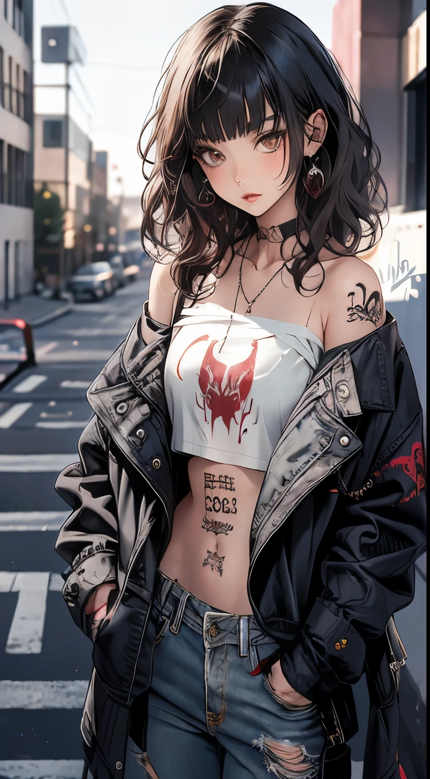 ​masterpiece, highest quality, pixiv, Cool girl, the strongest pirate girl, topless, Lips in love, dark brown hair, Curly hairs, blunt bangs, straight bangs, gray eyes, White skin, Girl, improve, Graffiti-Stil, Cool, villain, Böses Girl, tattoo, wears red binnie
