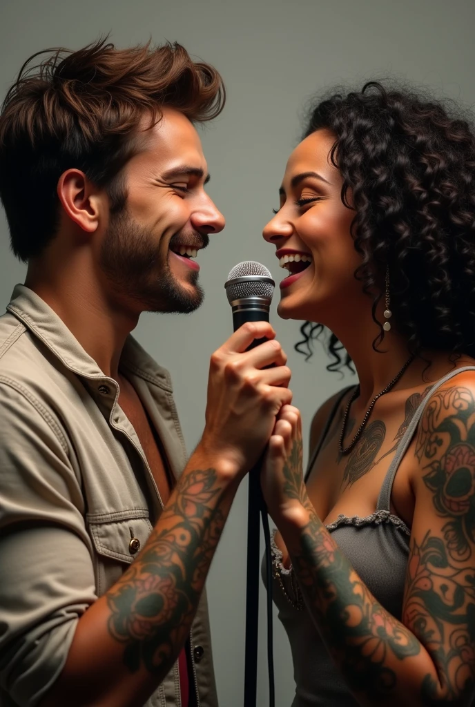 Create an image of a young man with mature brown hair. 30 years old. With a 35 year old woman with medium black curly hair . They both have tattoos on their arms. They are singing with a microphone .looking into each other's eyes. Realistic image . They are both tattooed.