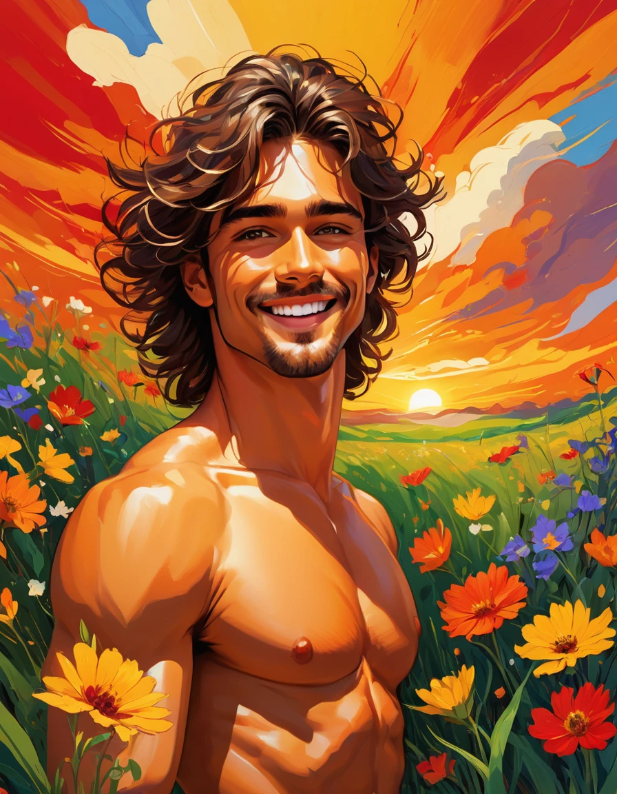 illustration that evoke stoicism men from 25 years old, shirtless, barefoot, strong, slim bodyStyle: Fauvism, with intense colors and expressive brushstrokes to capture the emotion and vitality of the moment. Color palette: Warm, vibrant tones (red, orange, yellow) to convey joy and energy. Expression: A face filled with joy and enthusiasm. Bright eyes and a wide smile. Setting: A sun-drenched field of wildflowers. A gentle breeze rustles through the grass.
