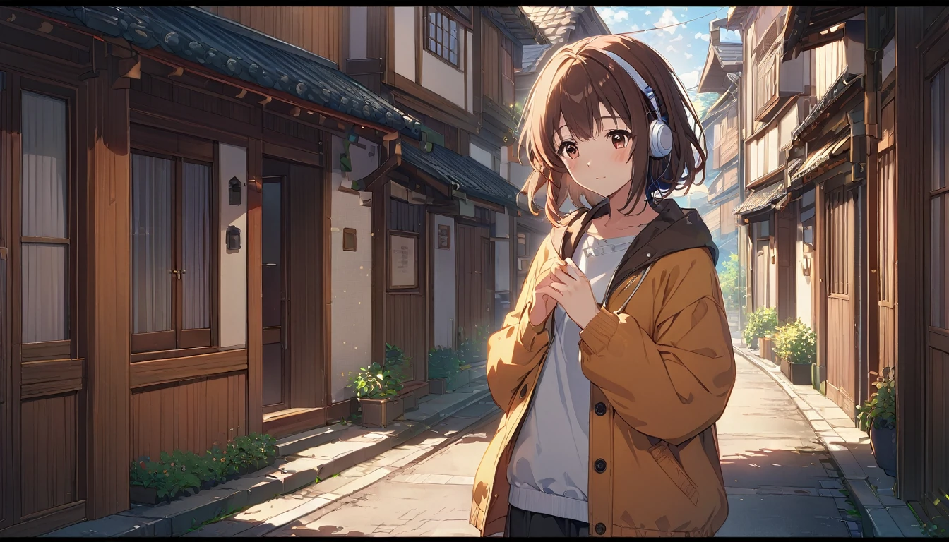 A 20-year-old girl with brown hair and headphones、Scene of a morning walk through town。
background：A quiet street with few people still around。
expression：穏やかでリラックスしたexpression。
Costume：Casual and easy-to-move-in clothes。
Pause：Enjoying the scenery while walking。
scene：Feeling the quiet morning air、A pleasant start to the day。
(Detailed fingers), (Emotional), (Breathtakingly beautiful), (whole body), (Anime Style), (Very detailed), (超High resolution, High resolution), (8k), (Complex and beautiful: 1.2)。
