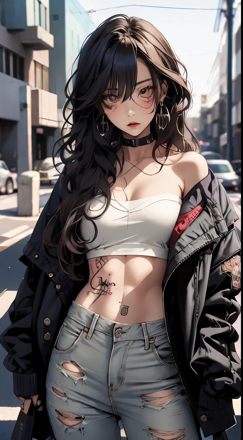 masterpiece, highest quality, pixiv, Cool girl, the strongest pirate girl, topless, Lips in love, dark brown hair, Curly hairs, blunt bangs, straight bangs, gray eyes, White skin, Girl, improve, Graffiti-Stil, Cool, villain, Böses Girl, tattoo, wears red binnie