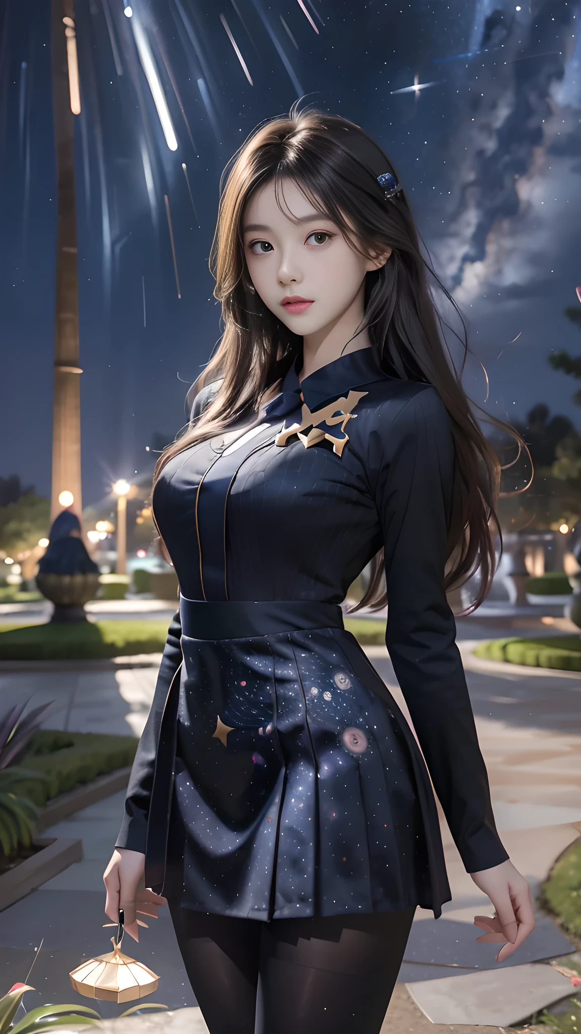 ulzzang-6500-v1.1, (RAW photo: 1.2), (Real photo), (Real photo: 1.4), 1 girl、Perfect anatomy、20 years old、Looking at the camera、Medium length hair、uniform dress, skirt, in a surreal royal garden, under the starry night, ((starry night: 1.1))、(Surreal tights: 1.2), (Business service)、Asian eyes Ella,