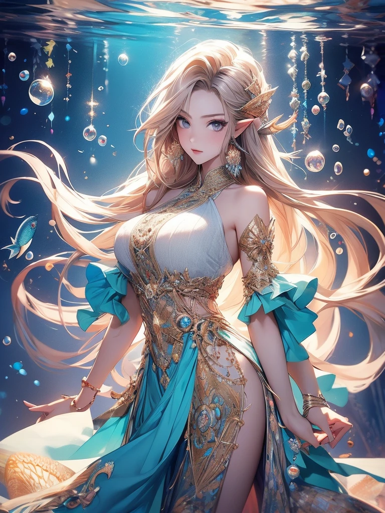 Official art, unity 8k wallpaper, Very detailed, Beautiful and aesthetically pleasing, masterpiece, Highest quality, (Tangled, And Mandalas, indices, mesh), (Fractal Art: 1.3), 1人fish, (Hairstyle: Long Hair) Ocean, Very detailed, Dynamic、The most beautiful form of chaos, elegant, Brutalist design, Bright colors, Romanticism, Oceanの泡, bubble, shell, fish, pearl、Large Breasts, Pointy Ears, Wide angle, Beautiful tail、
