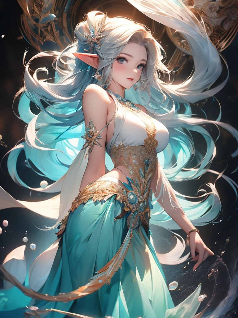 (masterpiece, top quality, best quality, official art, beautiful and aesthetic:1.2), (1girl), extreme detailed,(fractal art:1.3),colorful,highest detailed, cute young girl, light blue hair, long hair, small braids hair, yellow eyes, elf ears, dragon tail, dragon thorn, muscular body, small breast, light blue dress