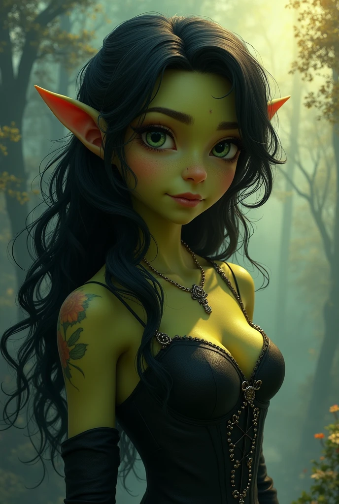 person with Earth type face, Lotus eye, medium mouth size, fine silky straight long hair, forehead with downward pointed hair line, wide forehead, normal low set brow bones, High eyebrows, eyebrows with tails pointed upwards, widely set eyebrows, eyebrows thick at start, long thick eyelashes, perfectly spaced eyes, dark brown eyes, shiny eyes, tip of ears higher than eyebrows, upper portion of ears is pressed inside horizontally, large ears, round and big ear tips, ears with big holes, long earlobes, naked tits