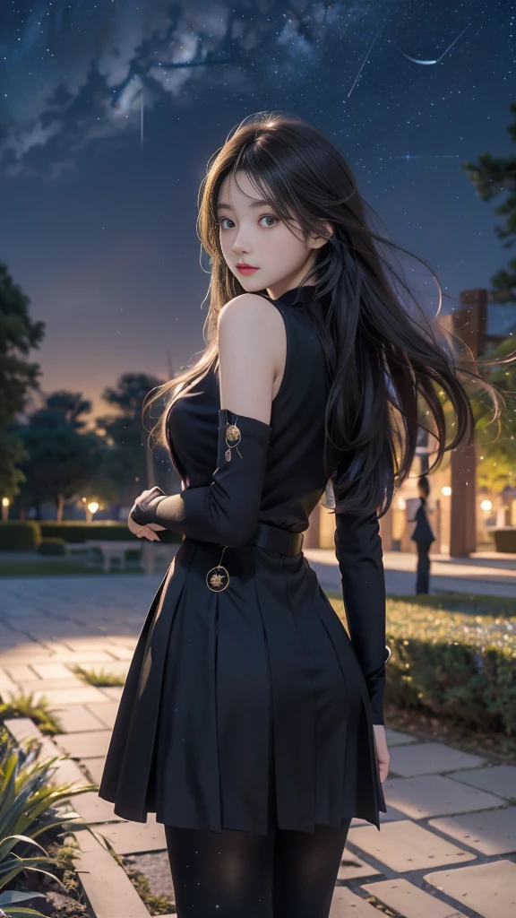 ulzzang-6500-v1.1, (RAW photo: 1.2), (Real photo), (Real photo: 1.4), 1 girl、Perfect anatomy、20 years old、Looking at the camera、Medium length hair、uniform dress, skirt, in a surreal royal garden, under the starry night, ((starry night: 1.1))、(Surreal tights: 1.2), (Business service)、Asian eyes Ella,