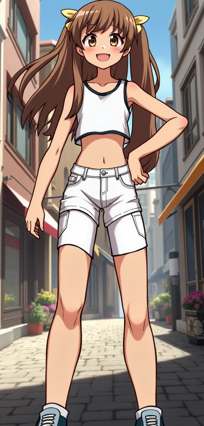 a anime 1girl with brown hair twintails, brown eyes, hand on hip, wearing a crop top and shorts, smile, street, rating_safe