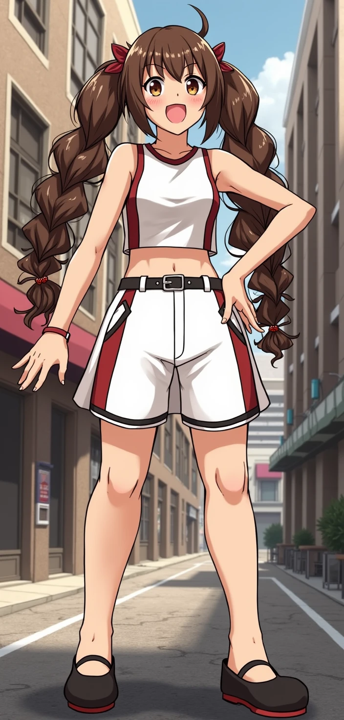 a anime 1girl with brown hair twintails, brown eyes, hand on hip, wearing a crop top and shorts, smile, street, rating_safe