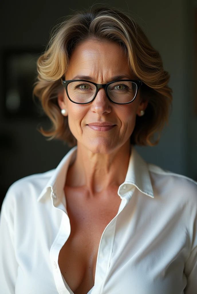 portrait of a 55-year-old Italian woman, (mature, curvy, busty), (glasses), (short brown hair with blonde highlights), (close-up from face to bust), (slightly unbuttoned white shirt revealing some cleavage), (realistic), (highly detailed), (ultra quality:1.3), (8K resolution), (soft lighting), (sharp focus), (diffused shadows), (natural skin texture with some moles, small wrinkles, and signs of aging), (big, round breasts), (slightly revealing bra), (detailed facial features), (trending on deviantart)