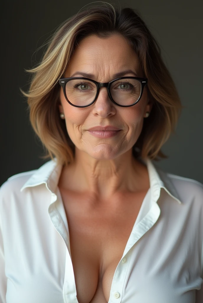 portrait of a 55-year-old Italian woman, (mature, curvy, busty), (glasses), (short brown hair with blonde highlights), (close-up from face to bust), (slightly unbuttoned white shirt revealing some cleavage), (realistic), (highly detailed), (ultra quality:1.3), (8K resolution), (soft lighting), (sharp focus), (diffused shadows), (natural skin texture with some moles, small wrinkles, and signs of aging), (big, round breasts), (slightly revealing bra), (detailed facial features), (trending on deviantart)