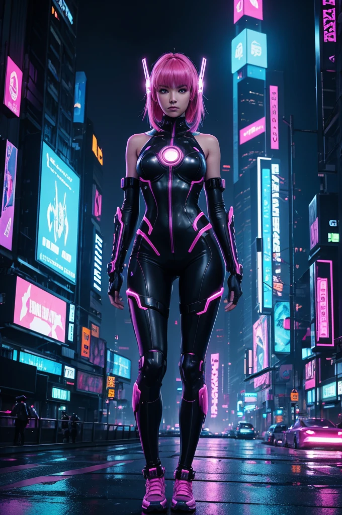 A vibrant cyberpunk scene featuring a cyber girl in a futuristic setting. She is in the center of a city lit by bright neon lights., with tall skyscrapers and wet streets covered in fog. The cyber girl has visible technological implants and is dressed in futuristic high-tech clothing. She holds an elegant katana with a subtle glow. The scene includes hologram panels, bright pink billboards, blue and purple, and advanced technology details. The environment is gloomy and rainy, with neon light reflections on the water in the streets.