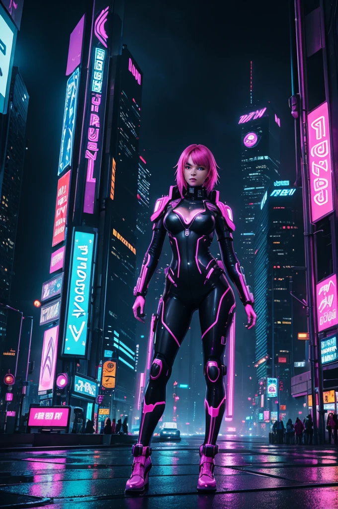 A vibrant cyberpunk scene featuring a cyber girl in a futuristic setting. She is in the center of a city lit by bright neon lights., with tall skyscrapers and wet streets covered in fog. The cyber girl has visible technological implants and is dressed in futuristic high-tech clothing. She holds an elegant katana with a subtle glow. The scene includes hologram panels, bright pink billboards, blue and purple, and advanced technology details. The environment is gloomy and rainy, with neon light reflections on the water in the streets.