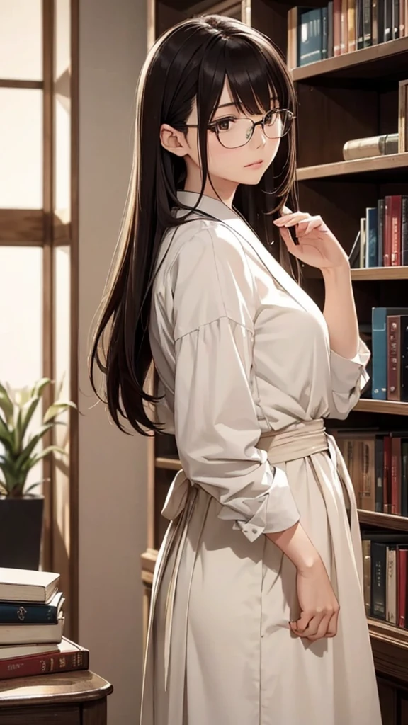 梨花の画像生成のためのpromptを以下にまとめます。
---
**prompt:**
Create an image of a 28-year-old Japanese woman named Rika. She has a slim and slender build with a well-proportioned figure, featuring measurements of 85cm (bust), 62cm (waist), and 88cm (hips). Rika has shoulder-length wavy brown hair, which she often wears in a simple, elegant style. Her large, intelligent eyes are framed by long lashes, and she sometimes wears glasses that enhance her intellectual appearance.
Her facial features include a well-defined nose and soft lips that give her a calm and gentle expression. Rika is dressed in a simple yet sophisticated outfit: a modest, well-fitted blouse paired with a long skirt. The color palette is understated, featuring neutral tones such as beige or light grey.
The setting is inside a cozy, traditional bookstore, where she is surrounded by bookshelves filled with history and culture books. The lighting is warm and inviting, reflecting her composed and knowledgeable personality. The image should capture her serene confidence and quiet strength, emphasizing her love for knowledge and culture.
---
This detailed prompt will help generate an image that accurately reflects Rika's character and appearance based on your description.