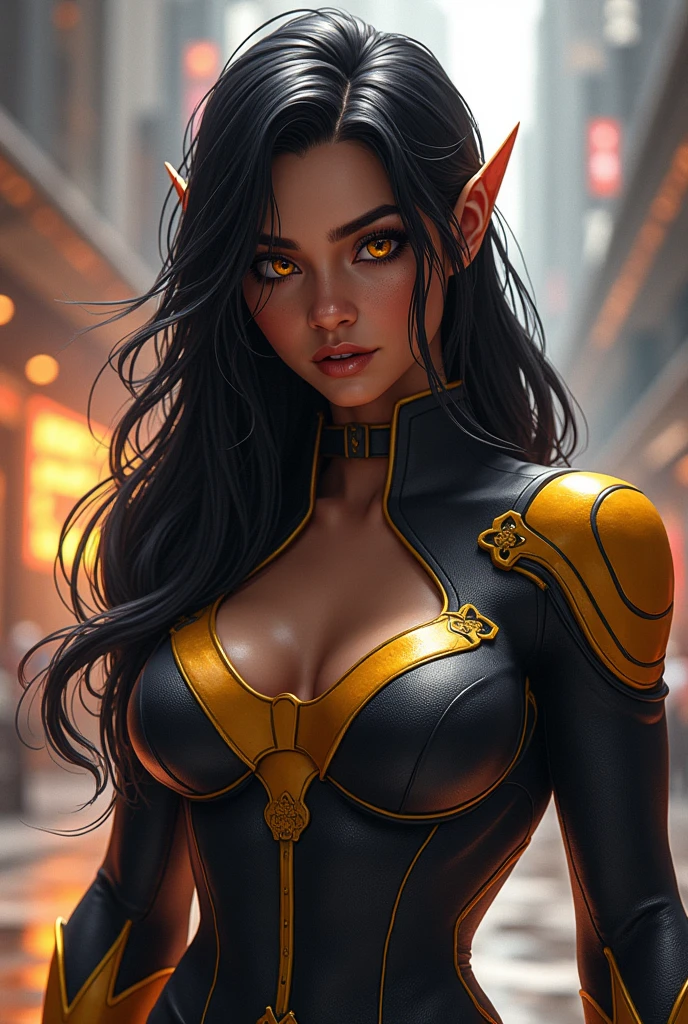 A not so dark Indian skinned girl, black hair with loose wolfcut style, that is masculine, yellow eyes in marvel style suit or semi-real in cartoon

