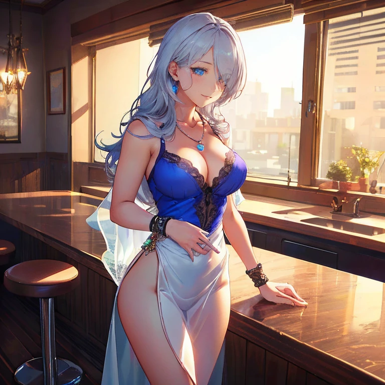 Anime Kawaii sexy Perfect Slim sensual body large breast and huge thighs, An intricate and highly detailed illustration of anime (Young girl) (work of art, best qualityer:1.2), (high resolution, 8k raw photo, photo realist, Focus Clear, weak contour:1.3), (cinematic lighting, temperamental, textile shading), ass pov, (standing alone:1.5), 1 MATURE WOMAN, 24 years old, (milf:1.5), ((NFSW:1.5, escape chest:1.3, sagging chest, big fit ass , cleavage on her breasts, sexually harass, in heat, showcasing)), ((beautiful bright eyes:1.3)), (sitting on a stool at the counter of a BAR, lying face down on the counter with your arms resting on the countertop, looking at the viewers, cocktail glass), Raised sexy, (little happy smile:1.3, embarrased), light purple mesh on silver hair, mid long hair, hair over one eye, asymmetrical hair, half tied hair, blue colored eyes, wearing sexy white dresses, long skirt with side slit, wearing a transparent green shawl around her shoulder, (Luxury detailed accessories, necklase, aretes, wristbands), bokeh, dynamic angle, leaning sideway:1.2, face up close:1.5, whole body, from low:1.2, (anatomical correct:1.6, Ideal Body Proportions Ratio, correct hand:1.5, Small hands), in one night, darkness room,