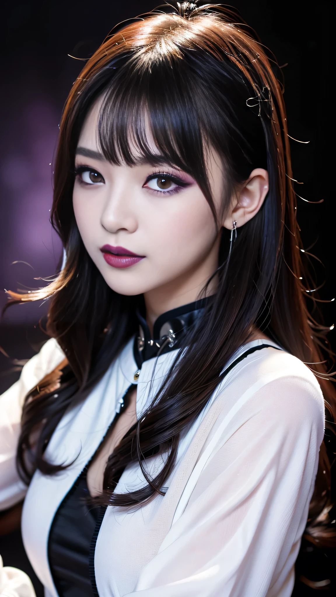 best quality、ultra-detailed、8k、Japanese、Japanese、Seductive beauty、seductive adult woman、Pretty Woman、cool girl、smirk、Wicked Smile、Villainess、brainwash makeup、Brainwashed、brainwash、Fallen into evil、Evil look、evil、Brown hair、wavy hair、swept bangs、dark makeup、piercing eyes、hollow eyes,half-closed eyes、Hollow Eyes、purple Eyeshadow、black lipstick、black lipglos、Purple Eyeshadow、black lipstick、black lip gloss、Dark Makeup、smirk、Whisper in my ear、Evil look、long black cheongsam、Wide sleeves、night、inside darkroom、Kiss、I have lipstick、Are standing、Look、Offer、shoot from below、Connected by many cords