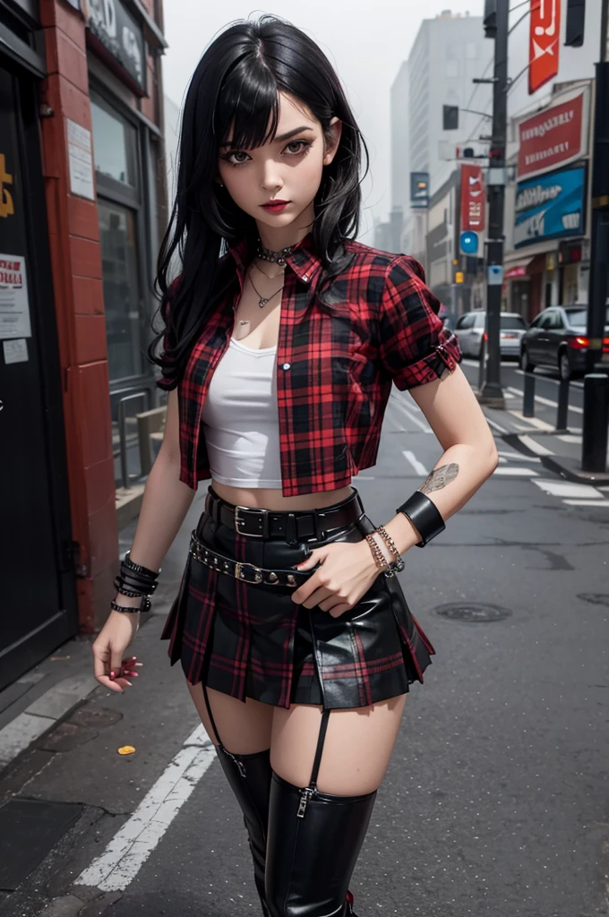 (Best quality,4K,8K,High Definition,masterpiece:1.2),ultra detailed,(realistic,photorealistic,photo-realistic:1.37), small hips,beautiful gothic girl with black hair and side bangs dyed dark red, with a short shirt, with a black and red plaid skirt, with black boots, with a punk bracelet and a punk belt, in full length, on a foggy night streetHigh resolution, full detailed, better image quality, Believe me a beautiful goth girl, who has black hair with Half-sided bangs painted dark red, with a short shirt that shows the man, with a black and red plaid skirt, with black boots, with a punk style bracelet, and the punk style belt, full body, on a foggy night street