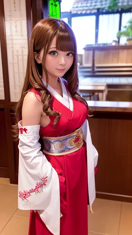 Inside the bar lounge、((No sleeve、Gorgeous embroidery、shrine maidenユニフォーム、shrine maidenコスチューム、shrine maidenコスプレ、Shrine maiden attire、Shrine Maiden costume、With slits:1.3))、1 girl、Medium breast、Short Bob Hair、masterpiece:1.3、Raw photo、Highest quality、Highest quality、Detailed image quality、Detailed Background、Standing in front of the bar counter、