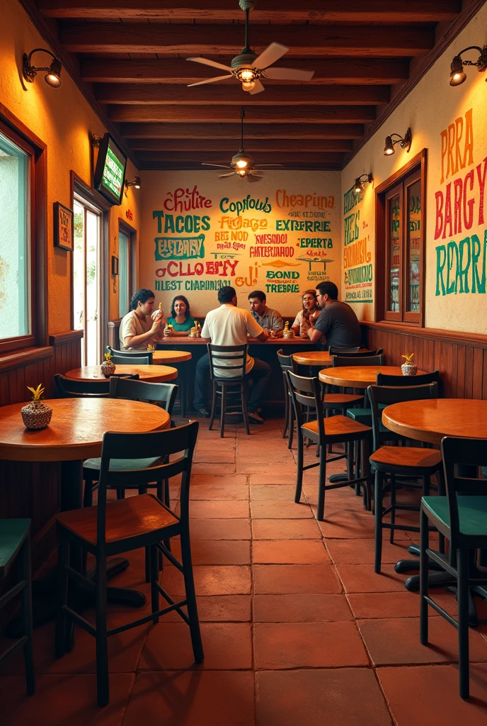 Traditional taqueria, round wooden tables, chapinas phrases.