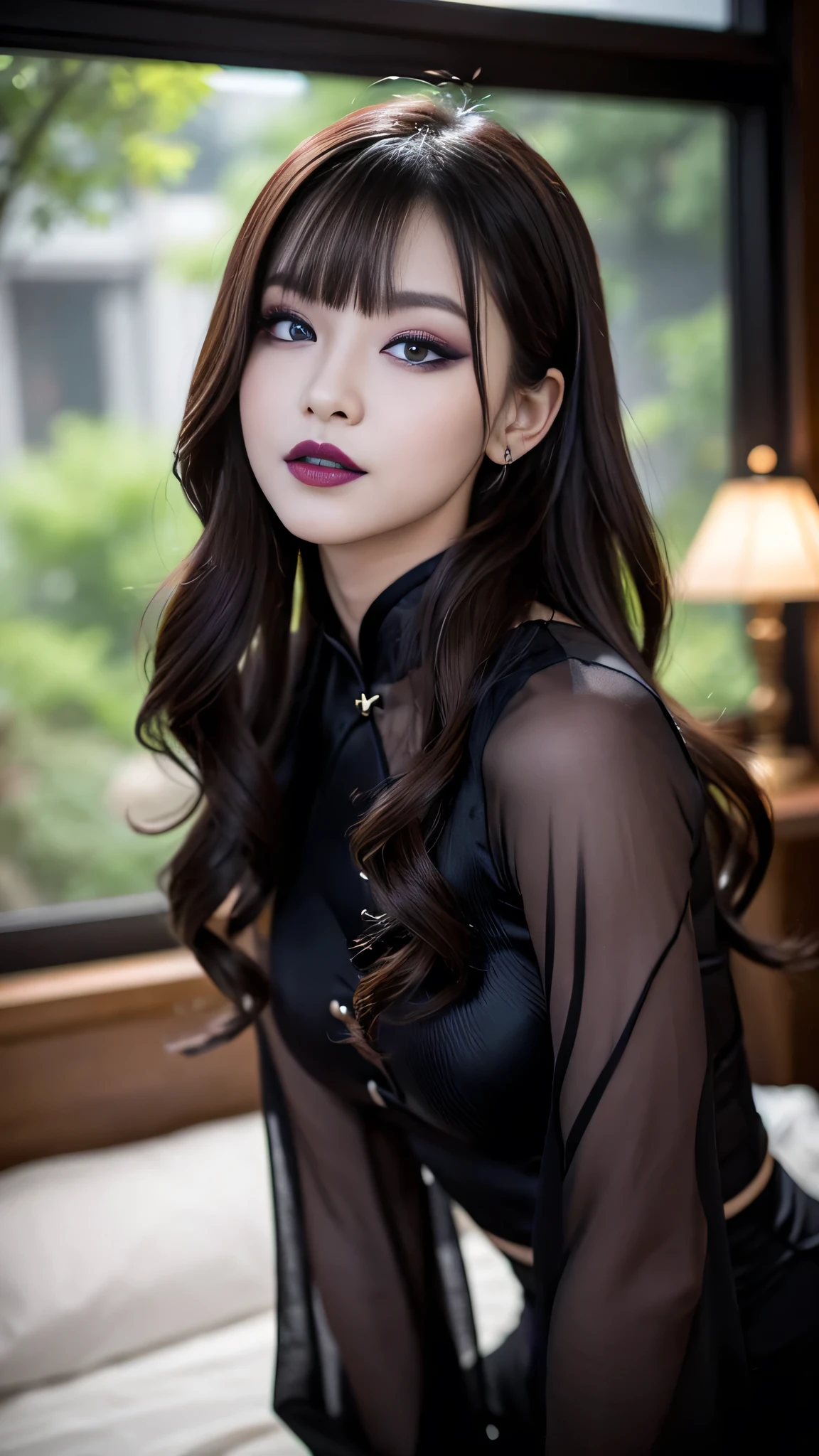 tra-detailed、Japanese、attractive beauty、seductive adult woman、pretty woman、piercing eyes、cool girl、wavy hair、swept bangs、Long Black Cheongsam、wide sleeves、Evil cadres、evil depravity、brainwash、mind control、lipstick、lip gloss、dark makeup、smirk、whisper in your ear、Evil expression、evil、hollow eyes,half-closed eyes、empty eyes、evil、church at night、vampire、succubus、vampire、Hypnosis、Swear allegiance、sexy pose、