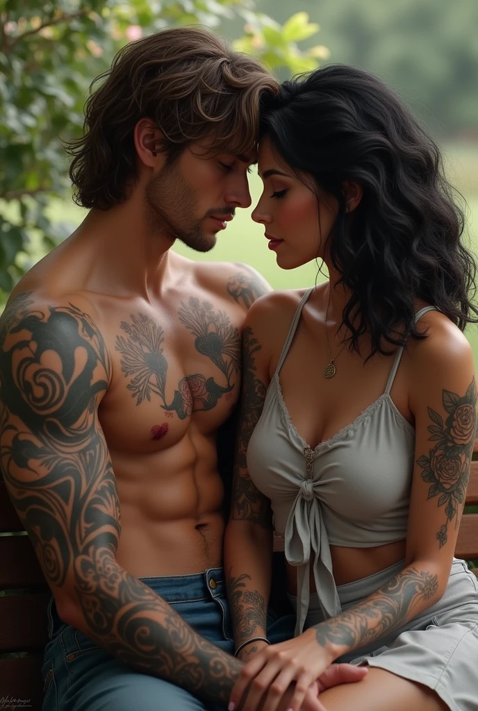 Create an image of a young man with mature brown hair. 30 years old. With a 35 year old woman with medium black curly hair . They both have tattoos on their arms. They are sitting on the bench.looking into each other&#39;s eyes. Realistic image . They are both tattooed. 