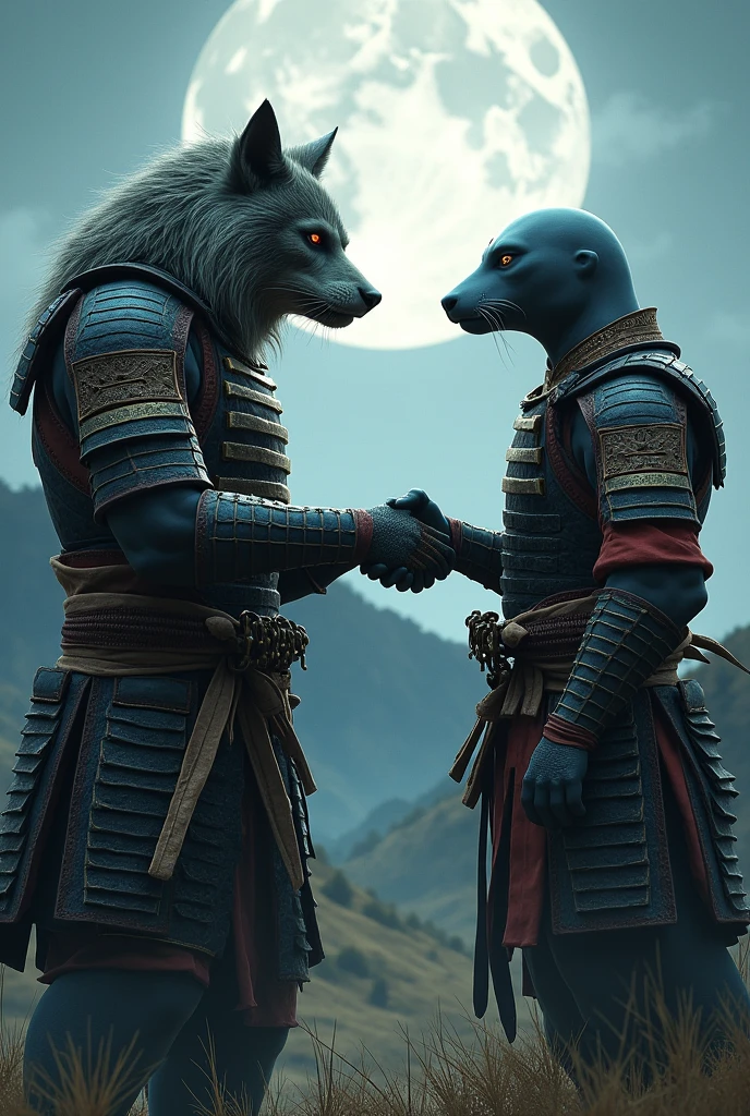 A werewolf and a seal man shaking hands in samurai clothing 