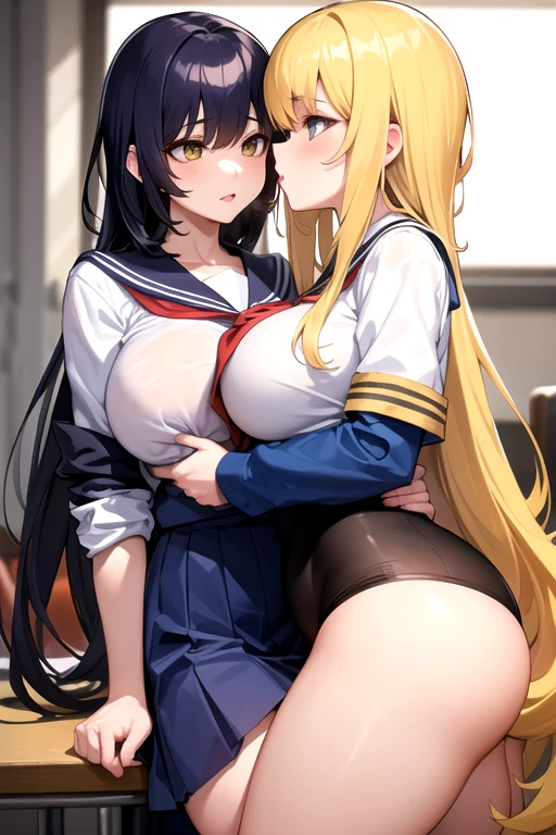 Lesbian (very long loose yellow hair)(big breasts, big thighs)(with school uniform clothes it is very tight) that he is kissing at school with his girlfriend,(big breasts, big thighs)lesbian love