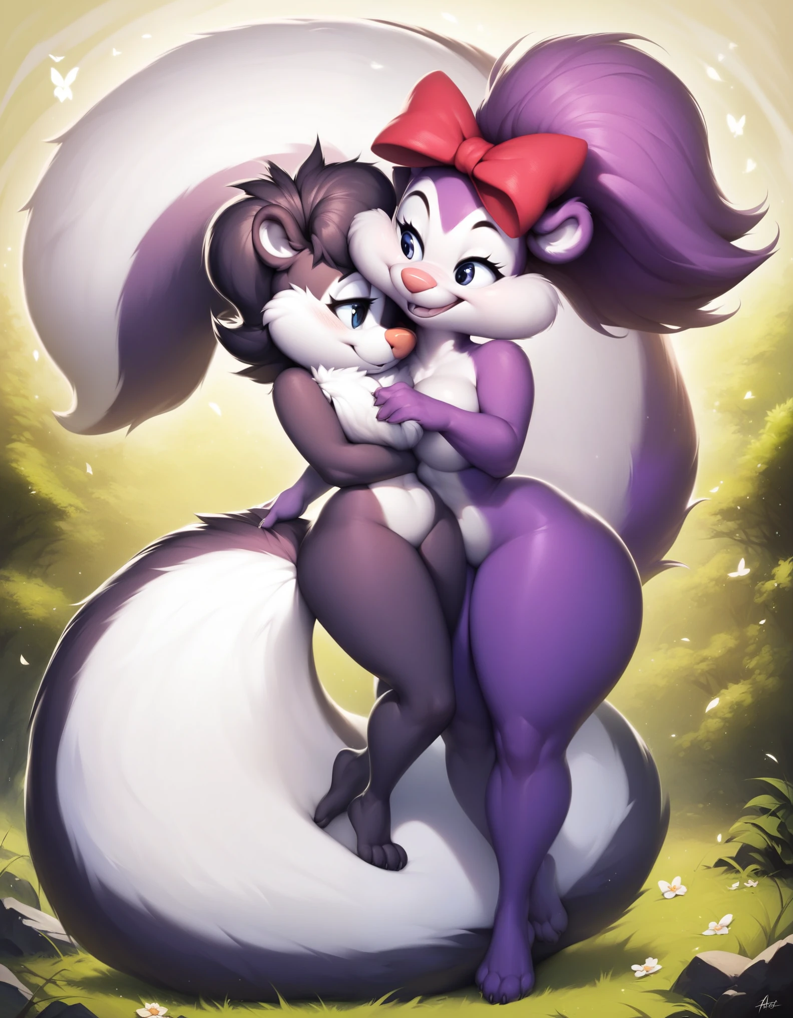 score_9, score_8_up, score_7_up, score_6_up, source_furry, score_safe, fifi, skunk, duo, female, sfw, furry, back, ((Wide hips)), tail coiling another female fox, purple body, hair bow, tail, cute, short, beautiful eyes, cartoony, flat color, simple shading, full-length portrait, studio ghibli background, blurred backgroun,