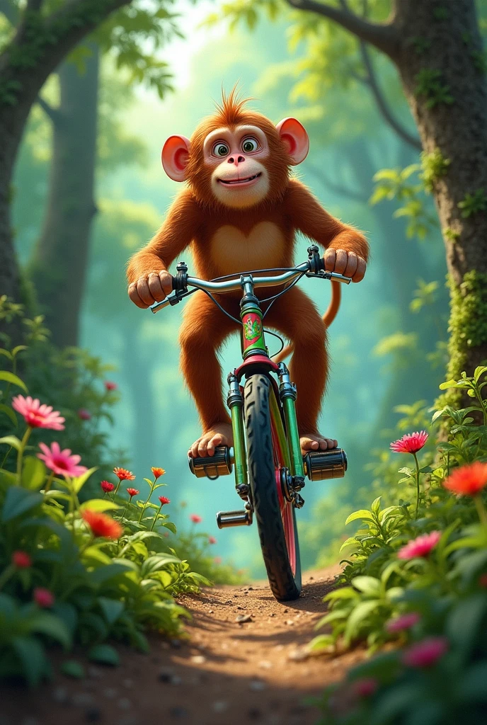 Images of a monkey riding a bicycle in a forest