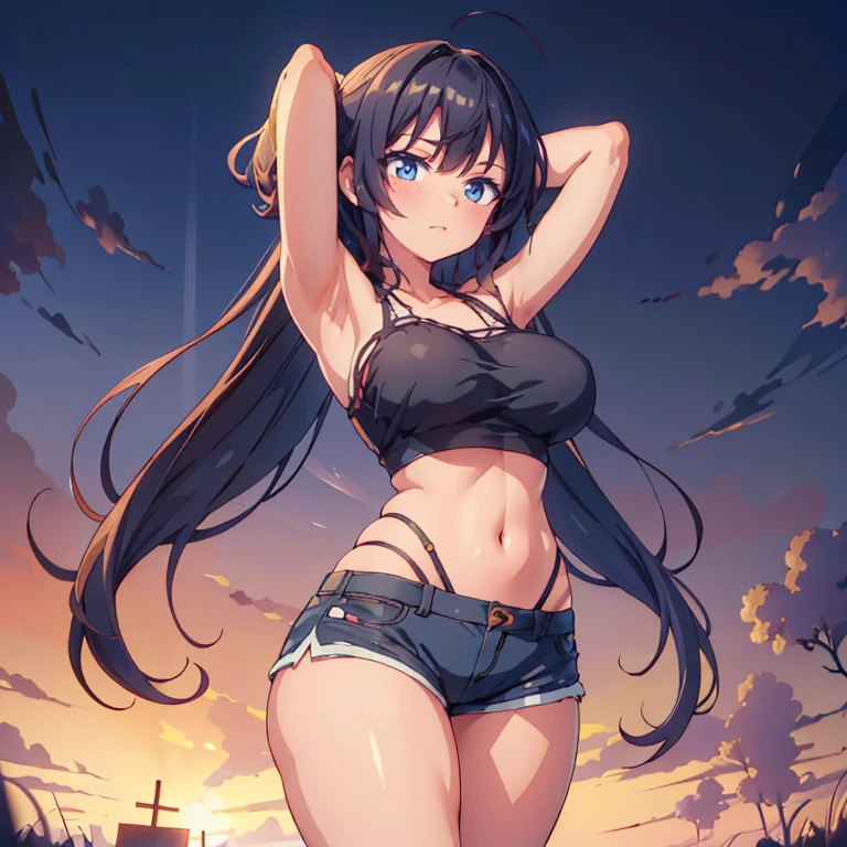 Anime Kawaii sexy Perfect Slim sensual body large breast and huge thighs, An intricate and highly detailed illustration of anime (Young girl) (Extremely detailed CG 8k unity wallpaper), (work of art), (best qualityer), (ultra detali), (best illustration), (best shade), (absurderes), 1 girl, standing alone, Chihara, 1 girl, standing alone, Bblack hair, Shorts, long hair, looking ahead at viewer, black Shorts, arms behind the head, contrasted, spread armpit, camisole, Eyes red, breastsout, aretes, short Shorts, cowboy shot