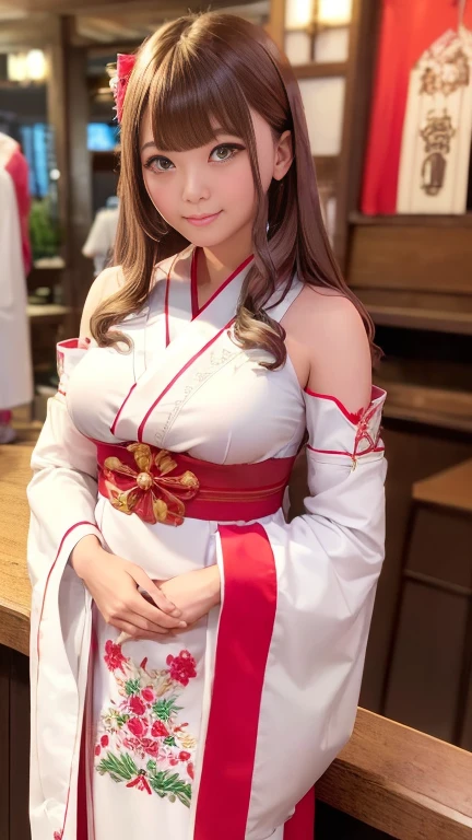 Inside the bar lounge、((No sleeve、Gorgeous embroidery、shrine maidenユニフォーム、shrine maidenコスチューム、shrine maidenコスプレ、Shrine maiden attire、Shrine Maiden costume、With slits:1.3))、1 girl、Medium breast、Short Bob Hair、masterpiece:1.3、Raw photo、Highest quality、Highest quality、Detailed image quality、Detailed Background、Standing in front of the bar counter、