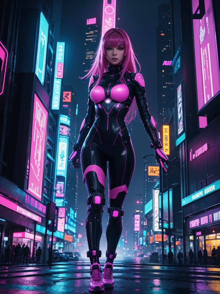 A vibrant cyberpunk scene featuring a cyber girl in a futuristic setting. She is in the center of a city lit by bright neon lights., with tall skyscrapers and wet streets covered in fog. The cyber girl has visible technological implants and is dressed in futuristic high-tech clothing. She holds an elegant katana with a subtle glow. The scene includes hologram panels, bright pink billboards, blue and purple, and advanced technology details. The environment is gloomy and rainy, with neon light reflections on the water in the streets.