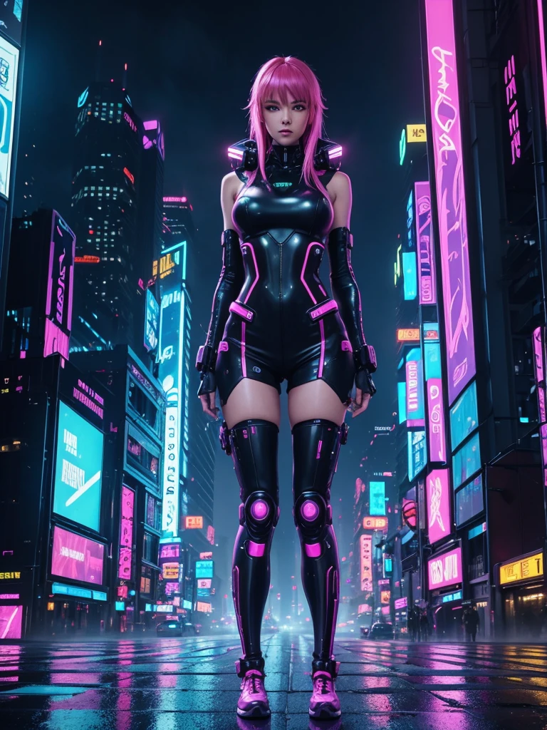 A vibrant cyberpunk scene featuring a cyber girl in a futuristic setting. She is in the center of a city lit by bright neon lights., with tall skyscrapers and wet streets covered in fog. The cyber girl has visible technological implants and is dressed in futuristic high-tech clothing. She holds an elegant katana with a subtle glow. The scene includes hologram panels, bright pink billboards, blue and purple, and advanced technology details. The environment is gloomy and rainy, with neon light reflections on the water in the streets.