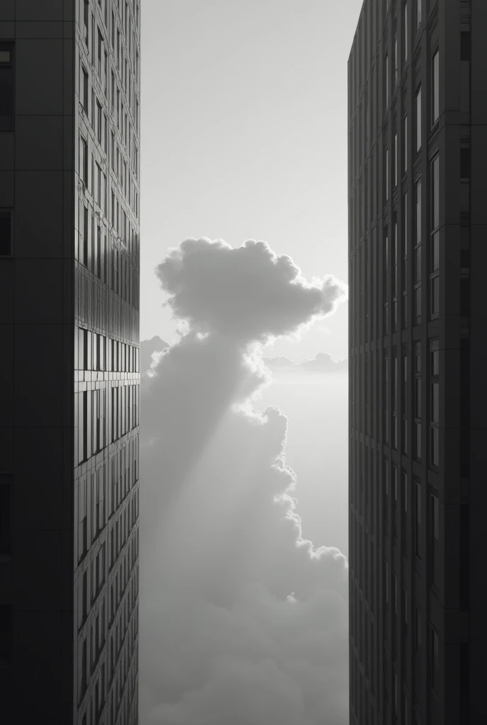 a minimalist photo of a solitary cumulus nimbus between two very tall buildings, cloud floating very close to the ground with a shadow cast, city background of very tall dark modern gigantic buildings, fond monochrome, Liminal