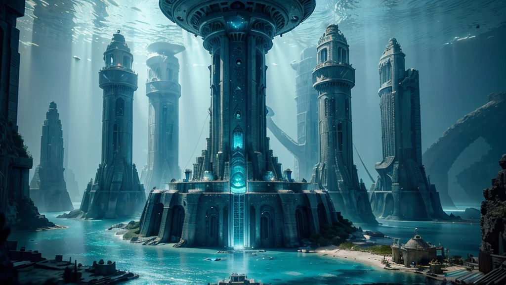 a mythical city of atlantis, shining metropolis, advanced technology, underwater city, sunken ruins, glowing crystals, futuristic architecture, ancient civilization, lost world, intricate details, dramatic lighting, serene ocean, underwater flora and fauna, muted color palette, cinematic, hyper-realistic, 8k, masterpiece, photorealistic