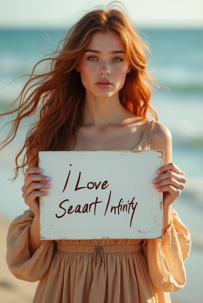 Beautiful girl with wavy long hair, bohemian dress, holding a white board with text "I Love Seaart Infinity" and showing it to the viewer