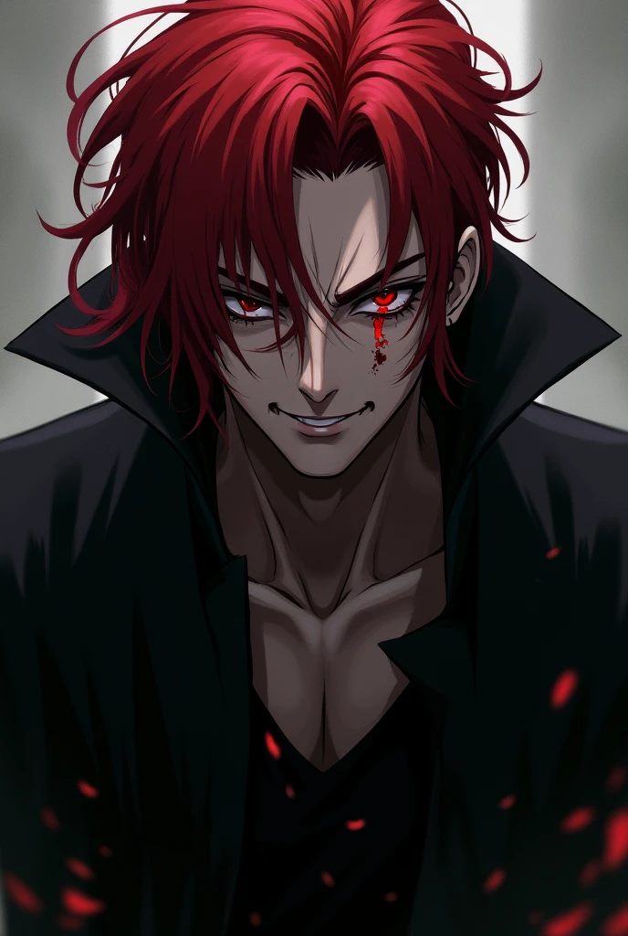 Anime man in a black coat and a psychopath face with a wound mark on his cheek near his eye with red hair with a macabre smile 