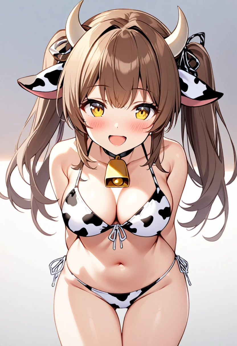 1girl, solo, long hair, breasts, looking at viewer, blush, smile, open mouth, bangs, large breasts, brown hair, ribbon, navel, twintails, brown eyes, swimsuit, hair ribbon, yellow eyes, :d, bikini, horns, choker, bell, arms behind back, thigh gap, animal print, neck bell, cow print, cow ears, cow horns, cowbell