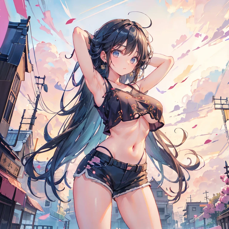 Anime Kawaii sexy Perfect Slim sensual body large breast and huge thighs, An intricate and highly detailed illustration of anime (Young girl) (Extremely detailed CG 8k unity wallpaper), (work of art), (best qualityer), (ultra detali), (best illustration), (best shade), (absurderes), 1 girl, standing alone, Chihara, 1 girl, standing alone, Bblack hair, Shorts, long hair, looking ahead at viewer, black Shorts, arms behind the head, contrasted, spread armpit, camisole, Eyes red, breastsout, aretes, short Shorts, cowboy shot