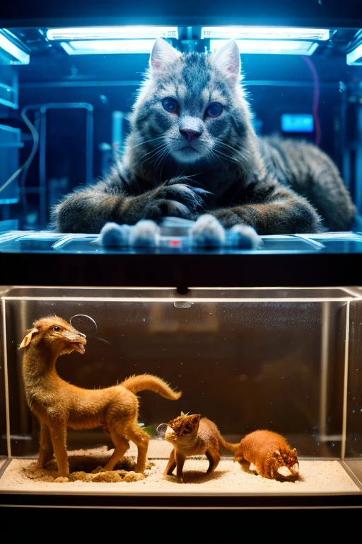 ((best quality)), ((masterpiece)), (detailed),Cutting-edge research labs,Incubator,Three scientists stare at chimera animal,Artificial lifeforms,Bioscience