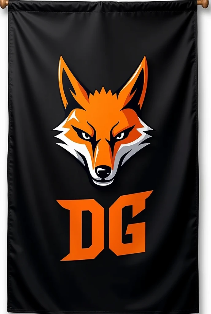 Design a horizontal sports flag with a black background. Include a fierce, aggressive fox mascot in vibrant orange. Add the text '3 DG' prominently in bold orange. Ensure the design is clean and impactfu