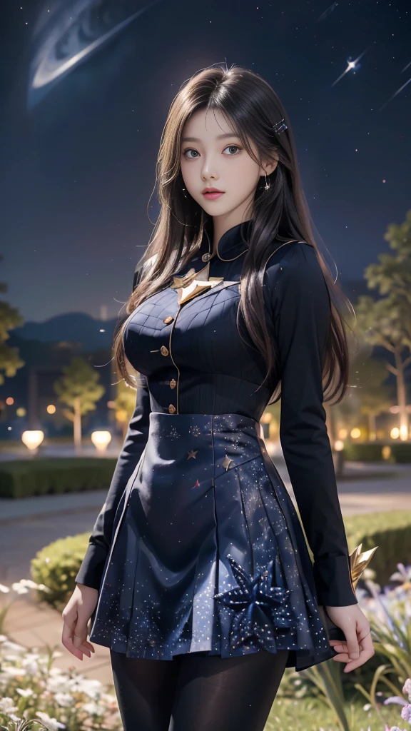 ulzzang-6500-v1.1, (RAW photo: 1.2), (Real photo), (Real photo: 1.4), 1 girl、Perfect anatomy、19 years old、Looking at the camera、Medium length hair、uniform dress, skirt, in a surreal royal garden, under the starry night, ((starry night: 1.1))、(Surreal tights: 1.2), (Business service)、Asian eyes Ella,