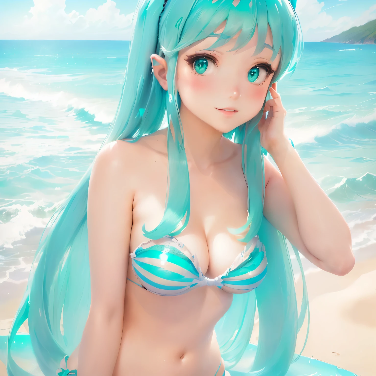 Woman in bikini sitting on beach next to sea, Mikudayo, hatsune Miku, Highly detailed art gems, Miku, portrait of hatsune Miku, hatsune Miku portrait, Top rated on pixiv, Vocaloid, Enchanting anime girl, Official artwork, Wearing a swimsuit, Aqua from Konosuba, Turquoise hair anime girl