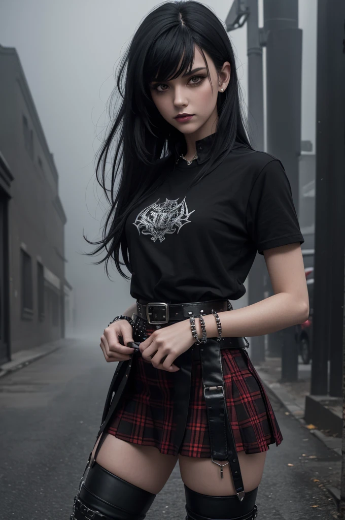 (Best quality,4K,8K,High Definition,masterpiece:1.2),ultra detailed,(realistic,photorealistic,photo-realistic:1.37), small hips,beautiful gothic girl with black hair and side bangs dyed dark red, with a short shirt, with a black and red plaid skirt, with black boots, with a punk bracelet and a punk belt, in full length, on a foggy night streetHigh resolution, full detailed, better image quality, Believe me a beautiful goth girl, who has black hair with Half-sided bangs painted dark red, with a short shirt that shows the man, with a black and red plaid skirt, with black boots, with a punk style bracelet, and the punk style belt, full body, on a foggy night street