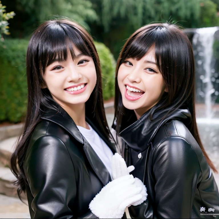 2 Asian Girls, Black Leather Pants, Leather Jacket with Shirt, Long Hair with bangs, Zen Garden, with leather Gloves, with Satin Cloak, Asian, Smile, Friendly, Happy, wet tongue out. 