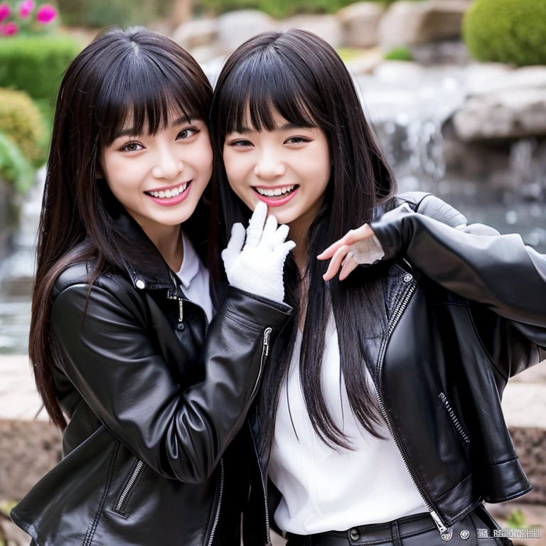 2 Asian Girls, Black Leather Pants, Leather Jacket with Shirt, Long Hair with bangs, Zen Garden, with leather Gloves, with Satin Cloak, Asian, Smile, Friendly, Happy, wet tongue out.