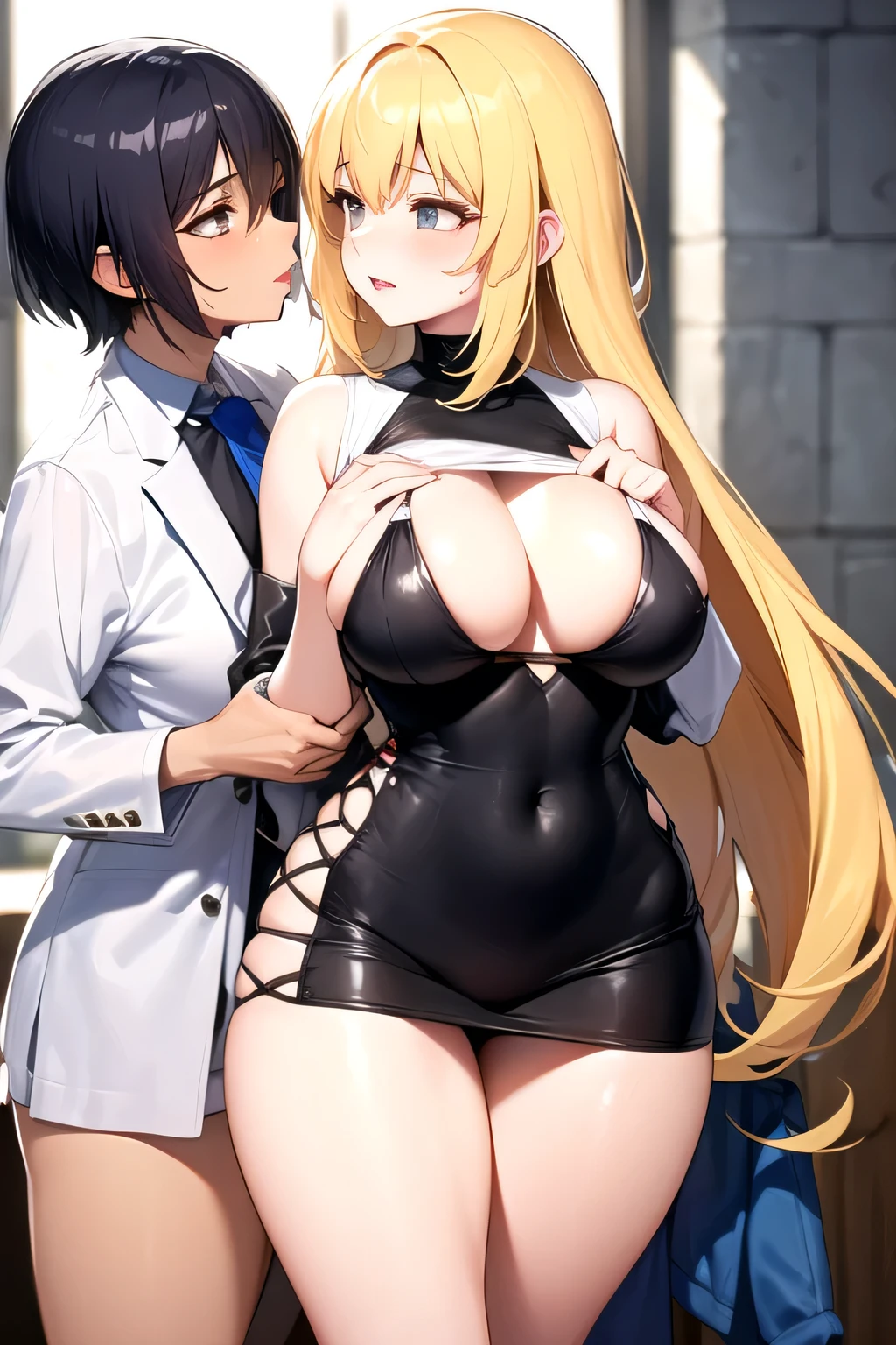 Lesbian (very long loose yellow hair)(big breasts, big thighs)(with  clothes it is very tight) that he is kissing at school with his girlfriend,(big breasts, big thighs)lesbian love