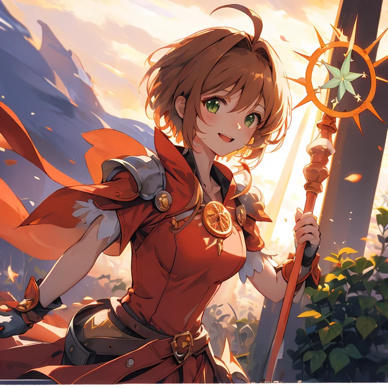 master piece, Best Quality, A high resolution, top-quality, Anime style, The best lighting, Beautiful face, kinomoto sakura, 1woman, tall, 30 years old, large breasts, light brown hair, very Short hair, shoulder length hair, Antenna Hair, Green eyes, frills, dynamic angle, confident smile, vibrant colors, mage, pyromancer, practical clothing, magic staff sunny day, fantasy city environment, dynamic pose, fire and flames,